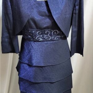 R&M women’s Elegant Navy Blue Dress with Jacket Raffed, Tiered skirt size 14